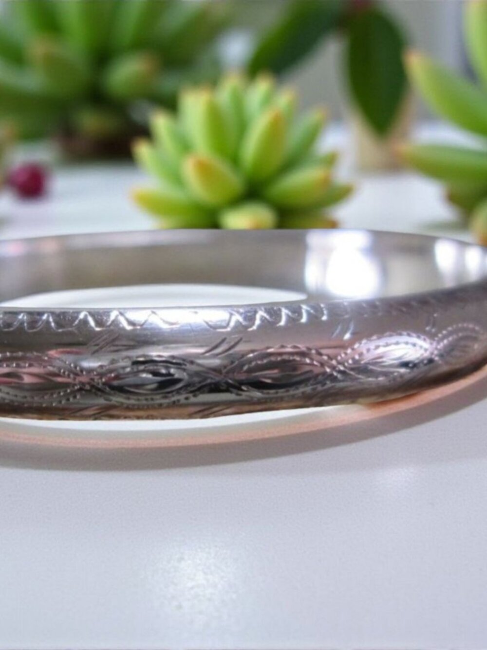 Sterling Silver Bangle Bracelet, Hand Etched
